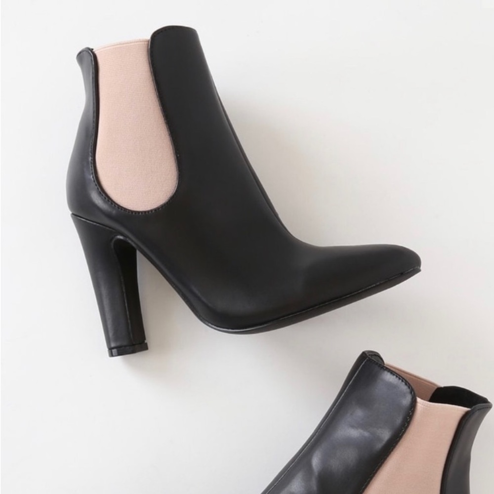 Lulu's Black Leather-Look Pointed Toe Ankle Boots with Pale Pink Elastic - Picture 3 of 4